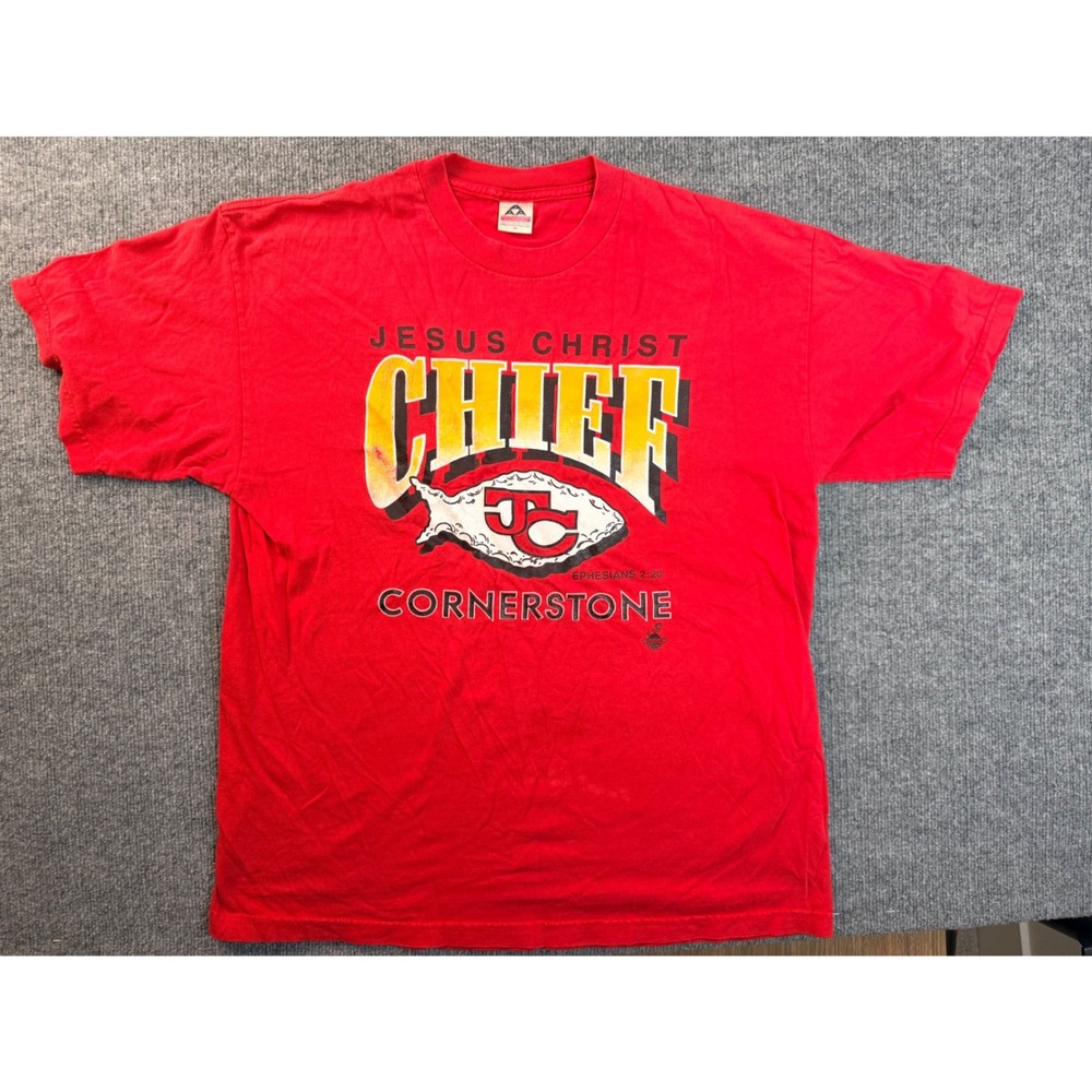 Vintage Alstyle Jesus Christ Chief Cornerstone Red Graphic Tee XL Cotton Y2K